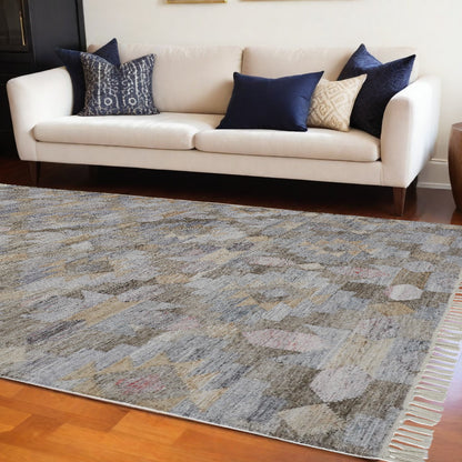 8 x 10 Taupe Gray & Blue Geometric Hand Woven Stain Resistant Rug With Fringe
