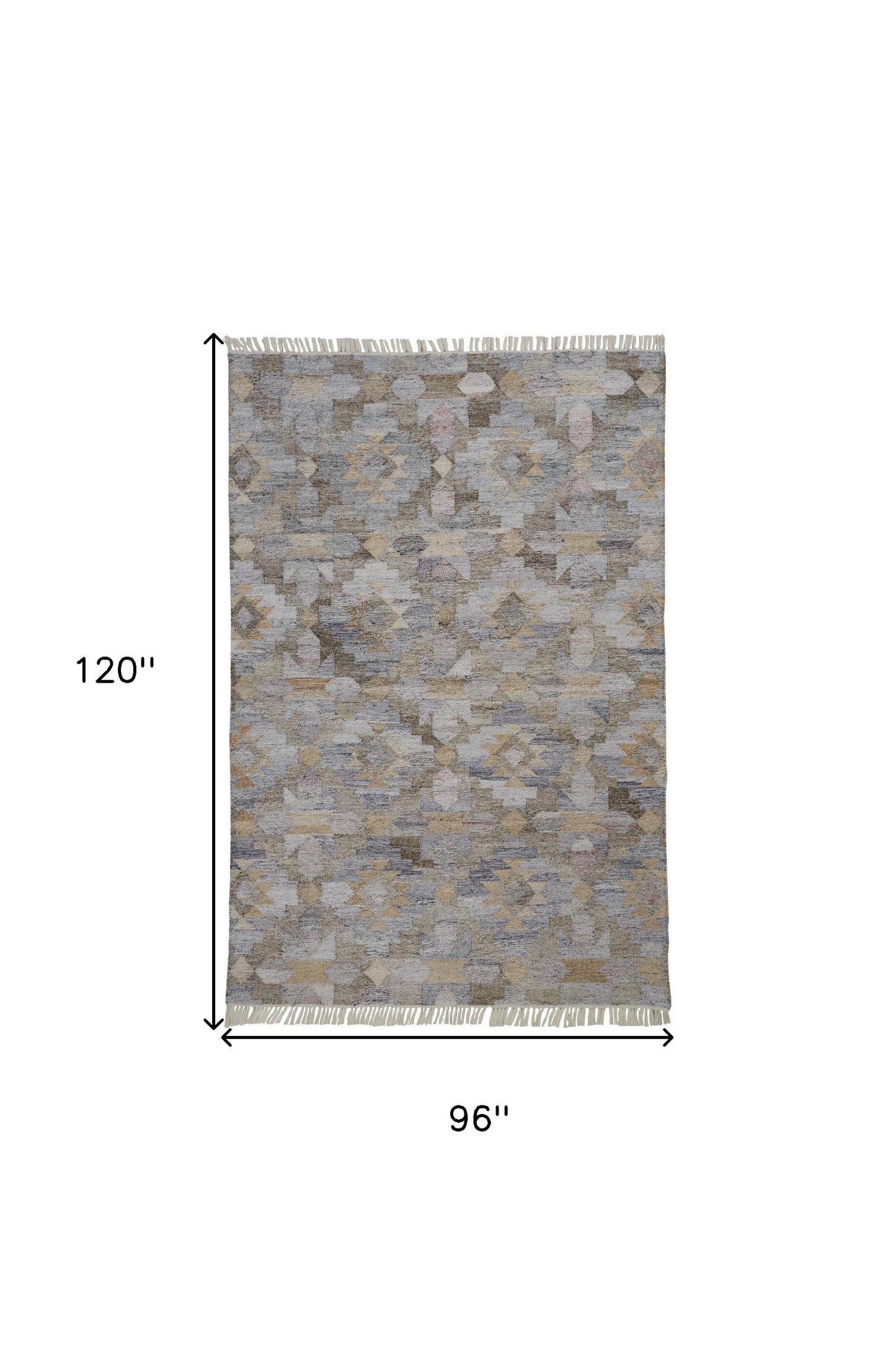 8 x 10 Taupe Gray & Blue Geometric Hand Woven Stain Resistant Rug With Fringe