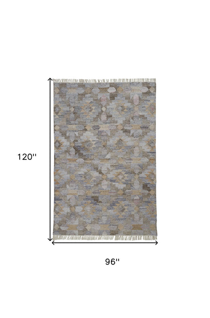 8 x 10 Taupe Gray & Blue Geometric Hand Woven Stain Resistant Rug With Fringe