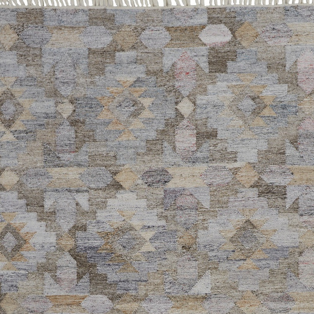 8 x 10 Taupe Gray & Blue Geometric Hand Woven Stain Resistant Rug With Fringe