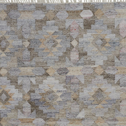 8 x 10 Taupe Gray & Blue Geometric Hand Woven Stain Resistant Rug With Fringe