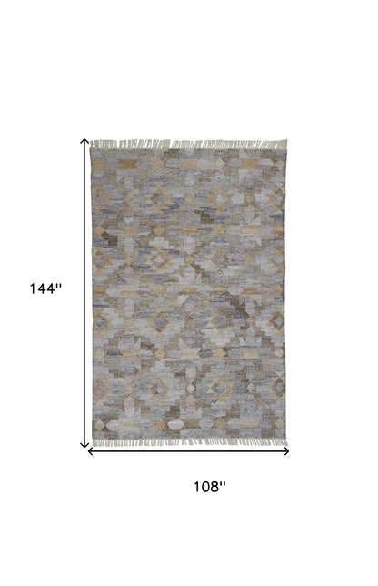 9 x 12 Gray Black & Brown Geometric Hand Woven Rug With Fringe