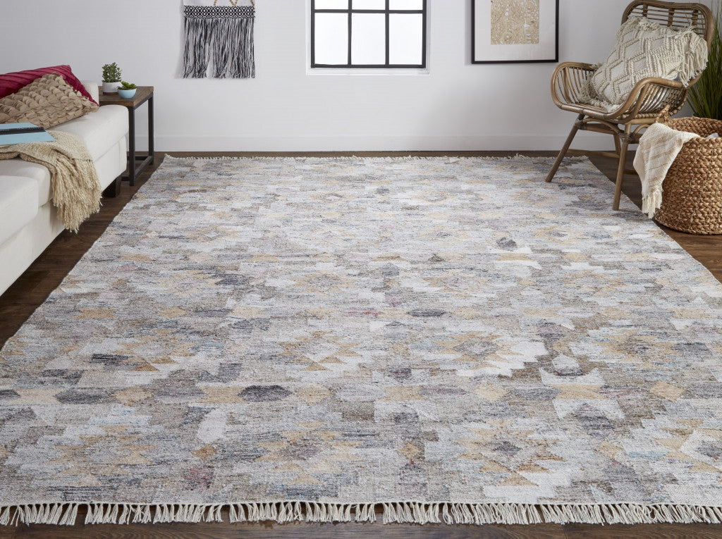 10 x 13 Gray & Brown Geometric Hand Woven Rug With Fringe