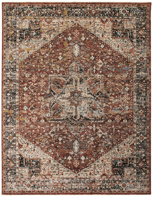 8 x 10 Red Ivory & Black Distressed Rug With Fringe