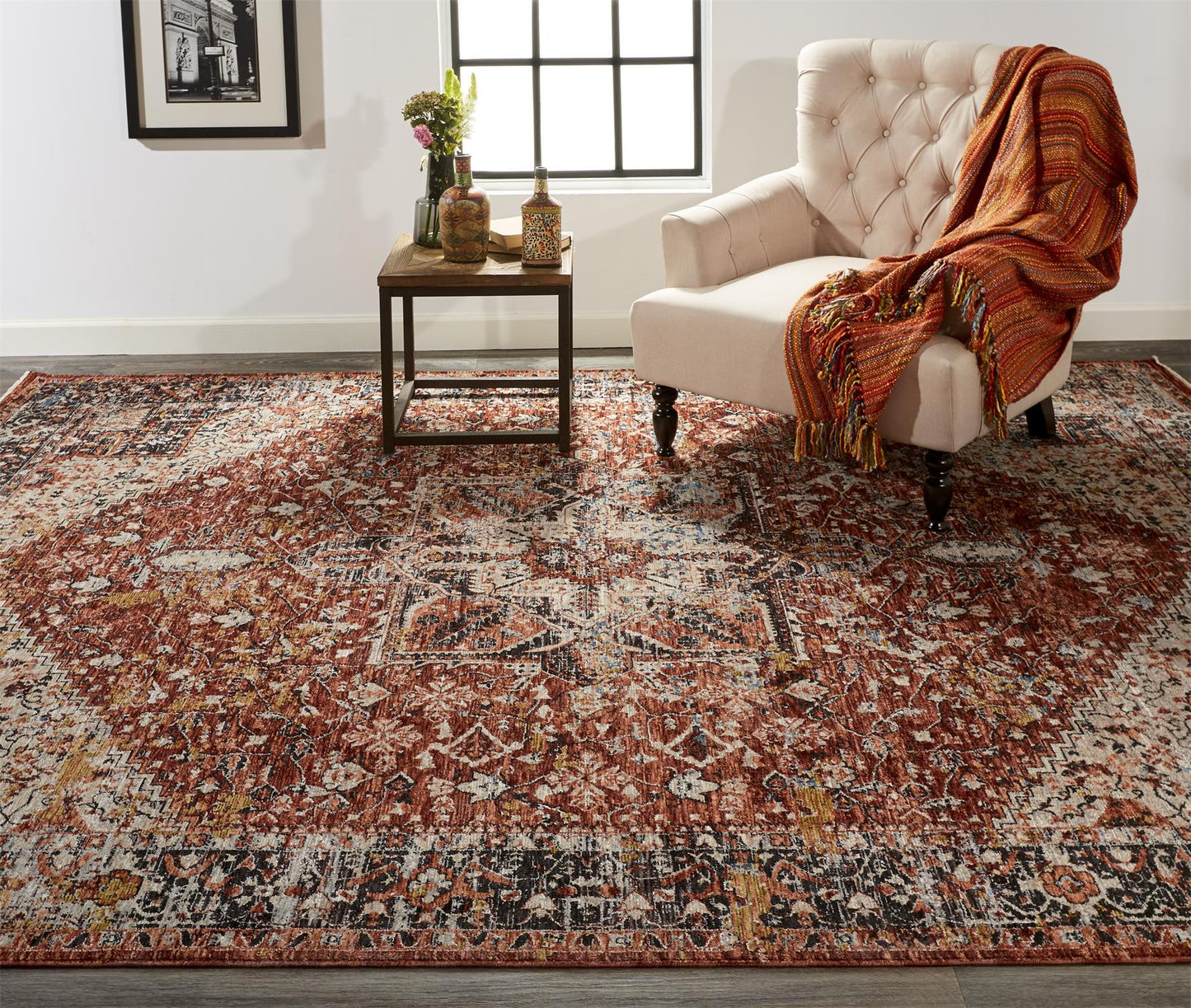 8 x 10 Red Ivory & Black Distressed Rug With Fringe