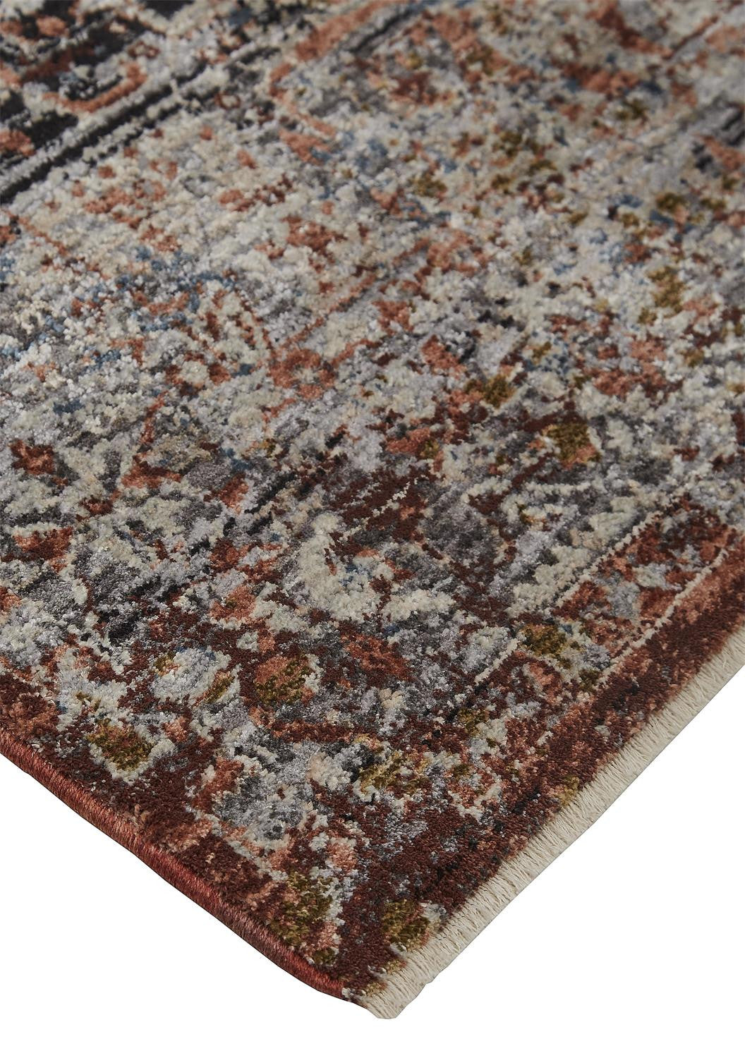 8 x 10 Red Ivory & Black Distressed Rug With Fringe