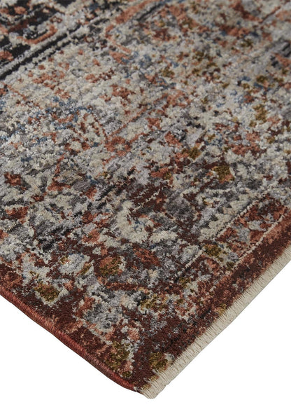 8 x 10 Red Ivory & Black Distressed Rug With Fringe