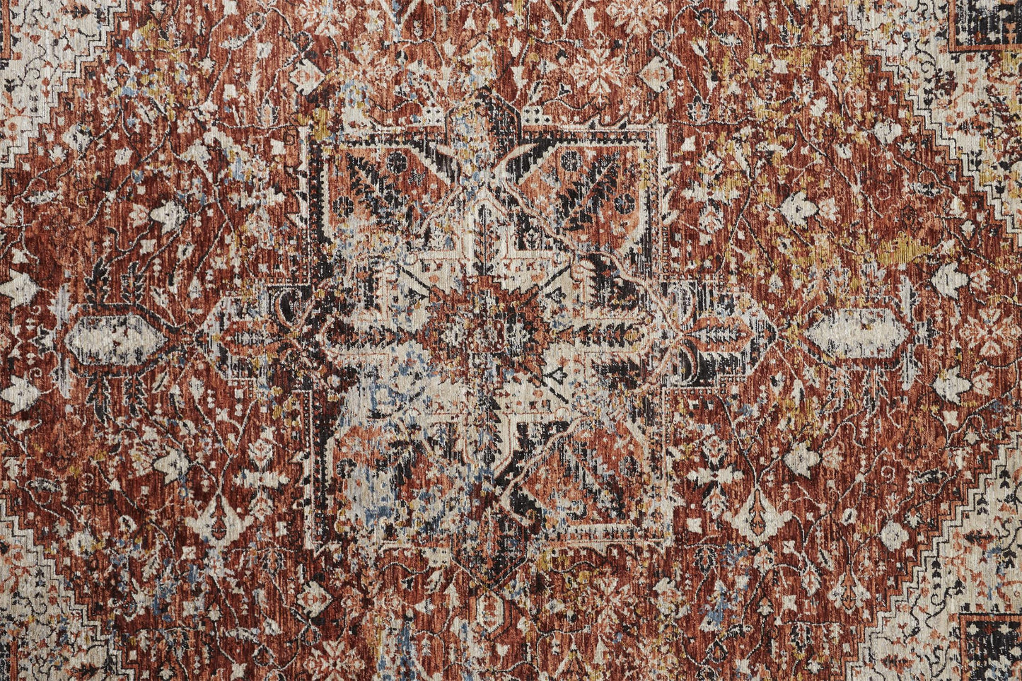 8 x 10 Red Ivory & Black Distressed Rug With Fringe