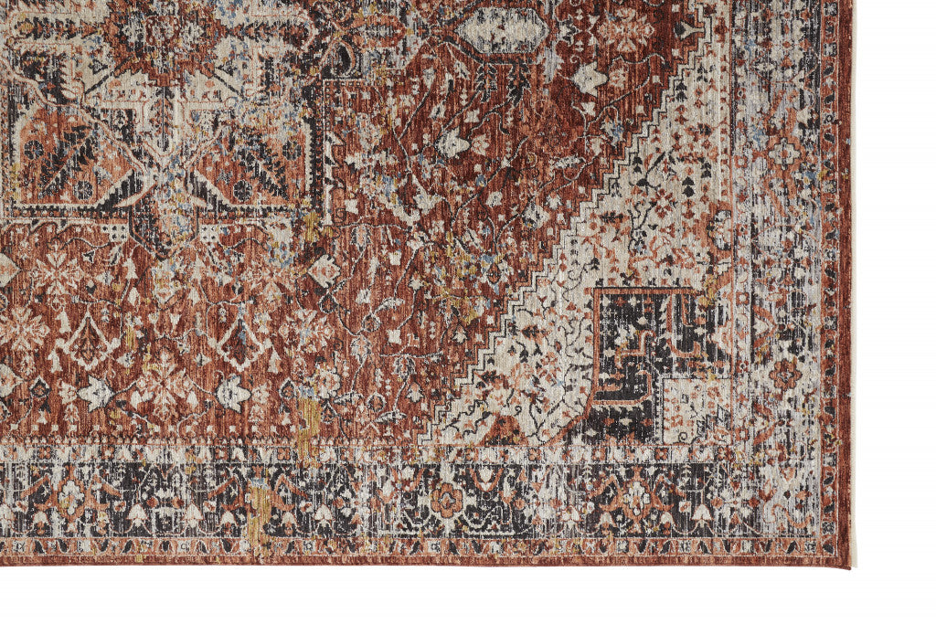 8 x 10 Red Ivory & Black Distressed Rug With Fringe