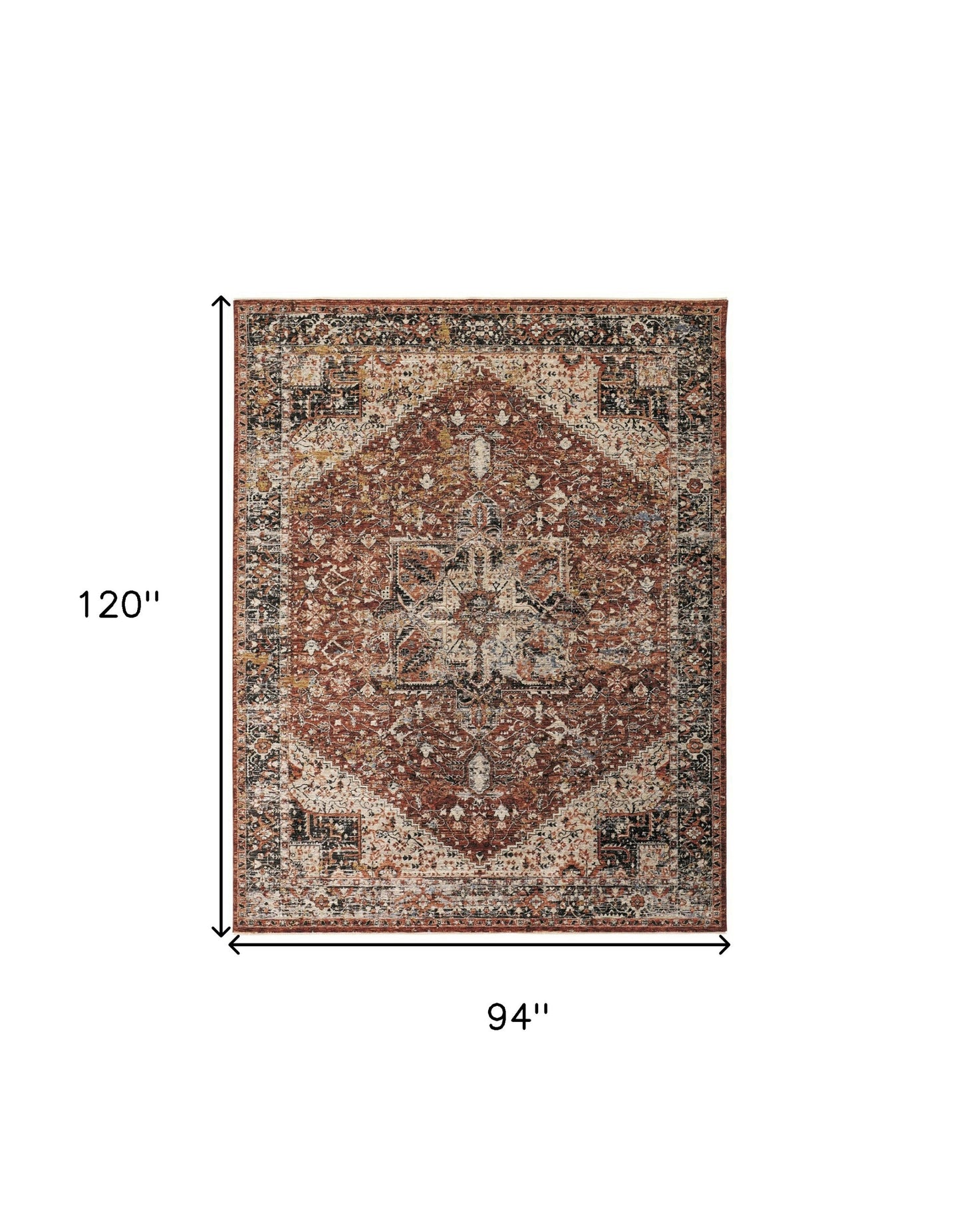 8 x 10 Red Ivory & Black Distressed Rug With Fringe