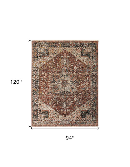 8 x 10 Red Ivory & Black Distressed Rug With Fringe