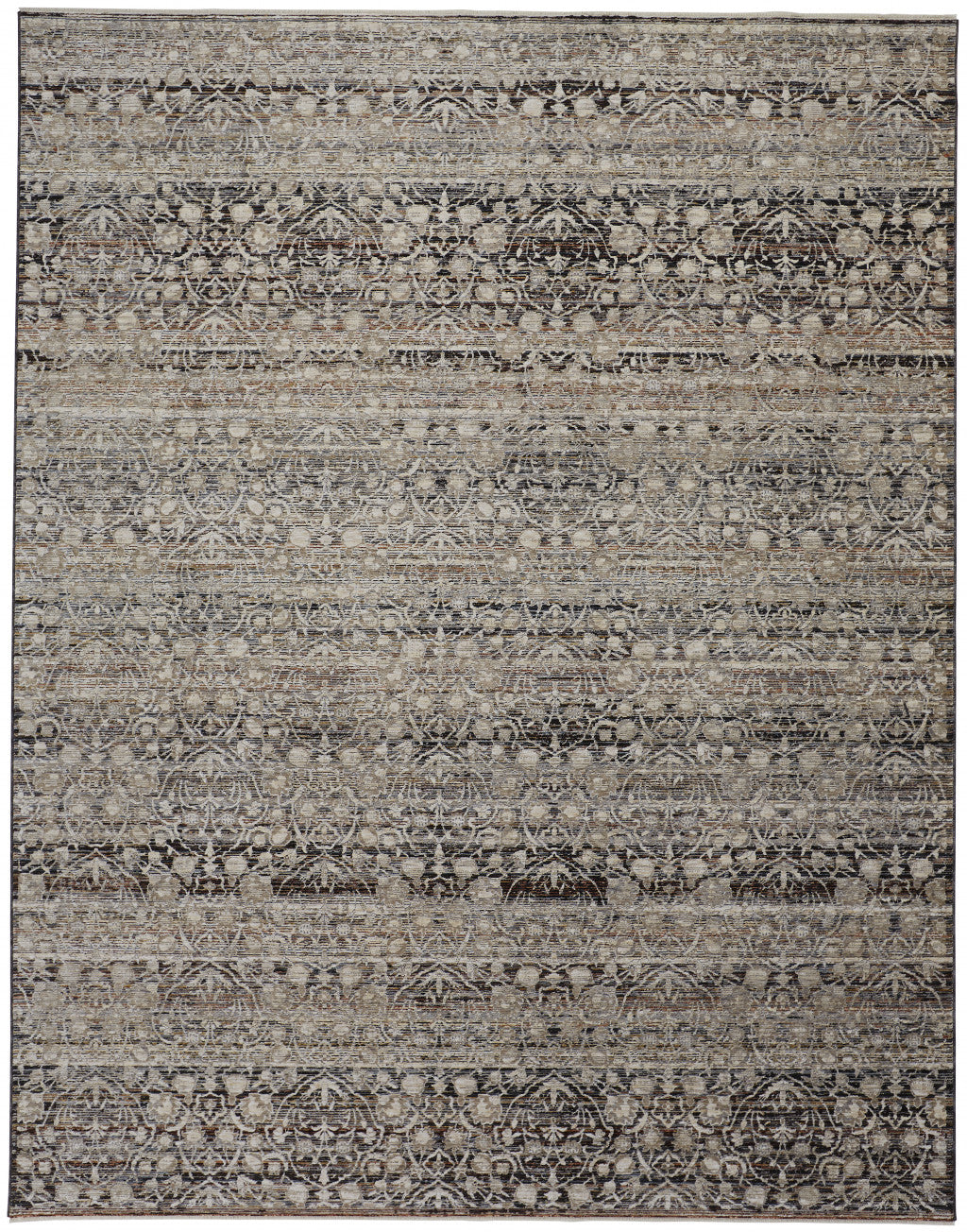 8 x 10 Gray Ivory & Tan Distressed Rug With Fringe