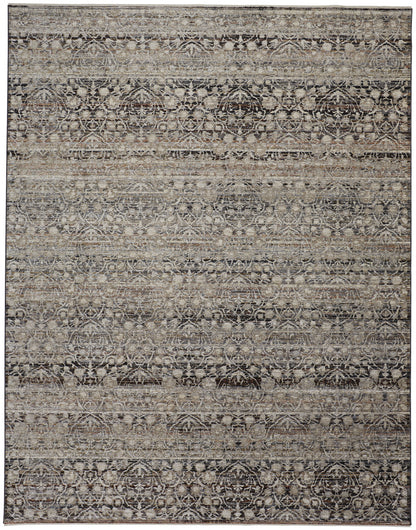 8 x 10 Gray Ivory & Tan Distressed Rug With Fringe