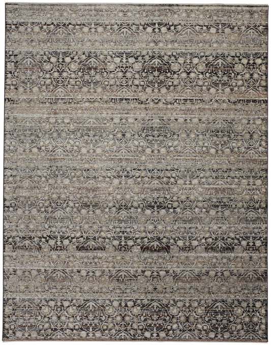 8 x 10 Gray Ivory & Tan Distressed Rug With Fringe