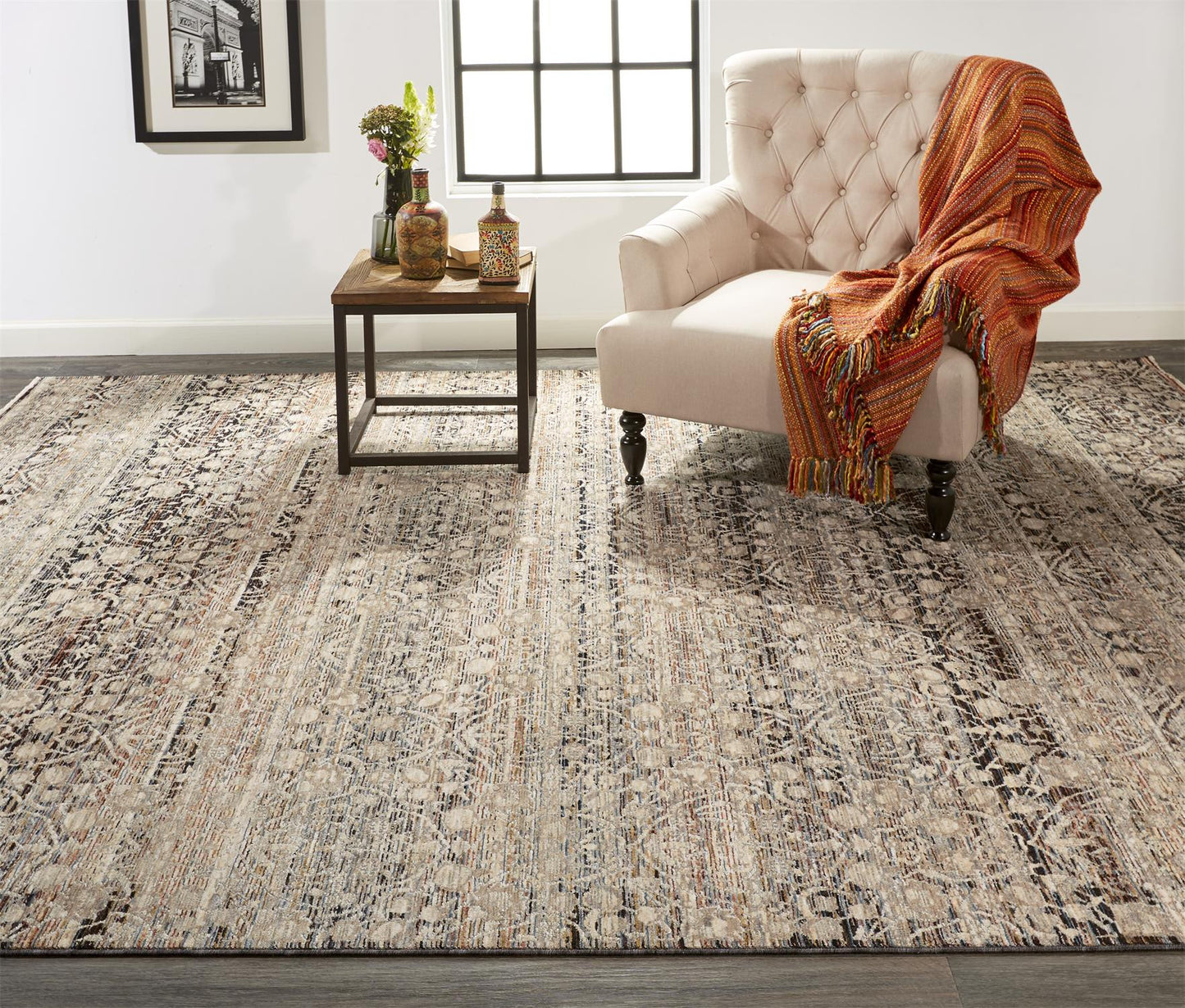 8 x 10 Gray Ivory & Tan Distressed Rug With Fringe