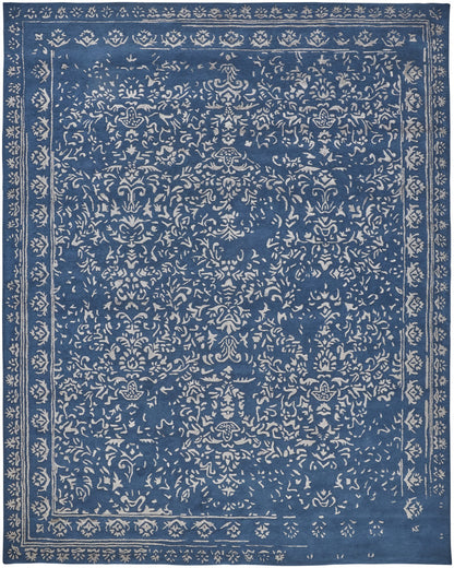 8 x 10 Blue & Silver Wool Floral Tufted Handmade Distressed Rug