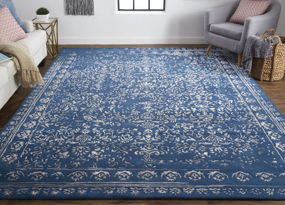 8 x 10 Blue & Silver Wool Floral Tufted Handmade Distressed Rug