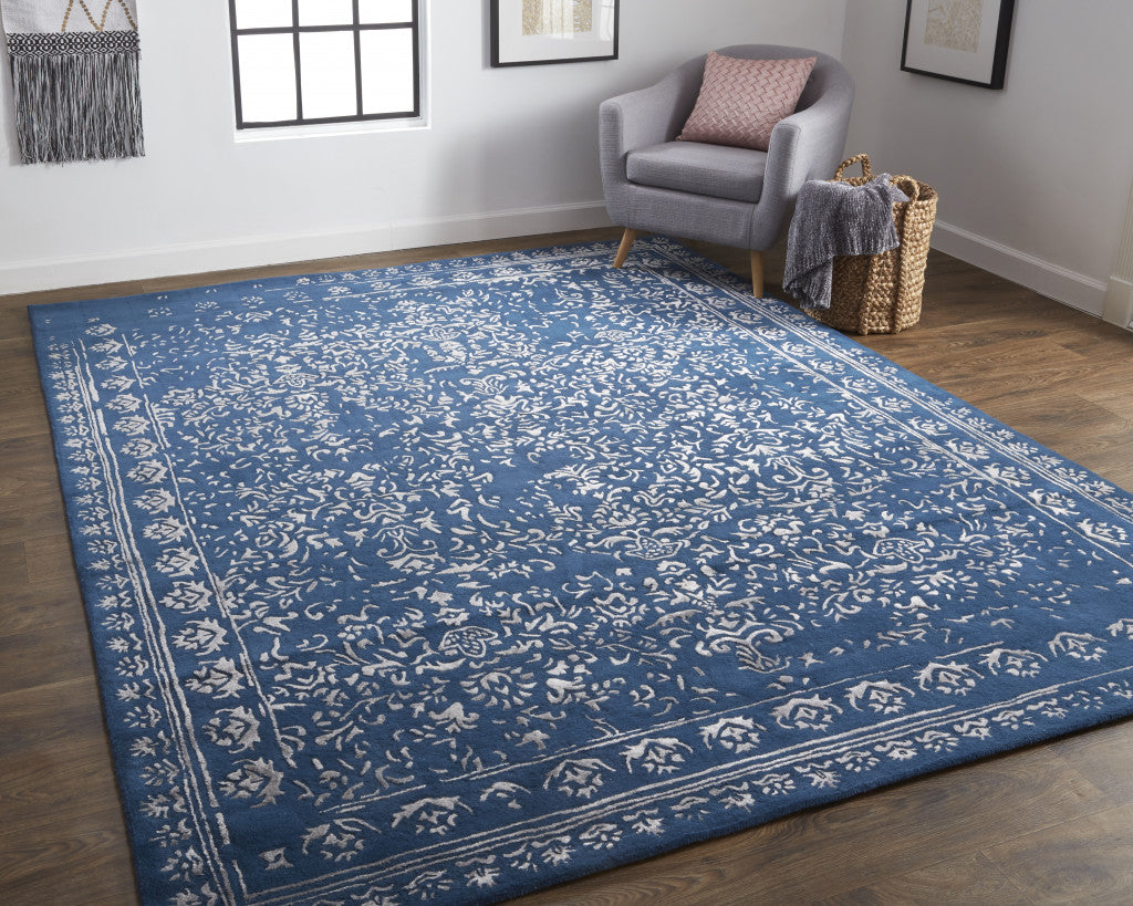 8 x 10 Blue & Silver Wool Floral Tufted Handmade Distressed Rug