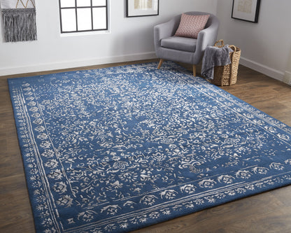8 x 10 Blue & Silver Wool Floral Tufted Handmade Distressed Rug