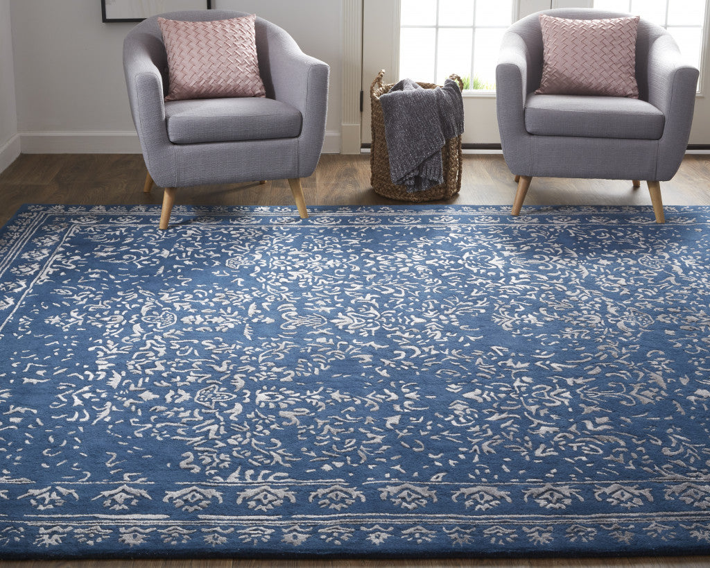8 x 10 Blue & Silver Wool Floral Tufted Handmade Distressed Rug