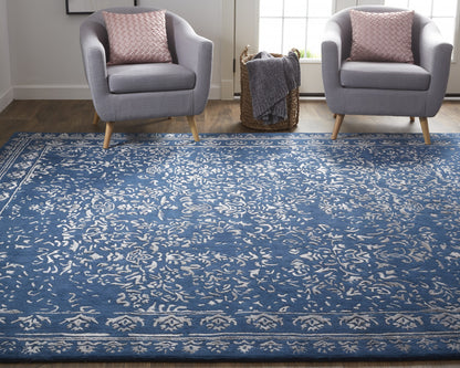 8 x 10 Blue & Silver Wool Floral Tufted Handmade Distressed Rug