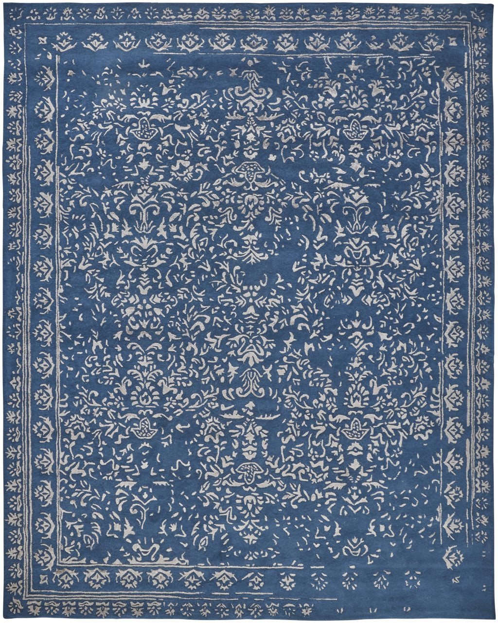 9 x 12 Blue & Silver Wool Floral Tufted Handmade Distressed Rug