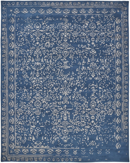 9 x 12 Blue & Silver Wool Floral Tufted Handmade Distressed Rug
