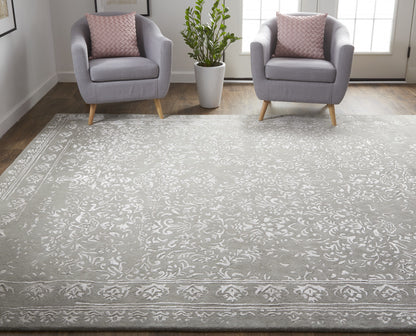 8 x 10 Gray Taupe & Silver Wool Floral Tufted Handmade Distressed Rug