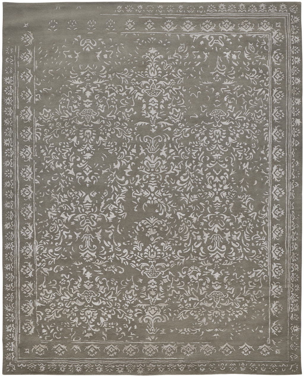9 x 12 Gray Taupe & Silver Wool Floral Tufted Handmade Distressed Rug