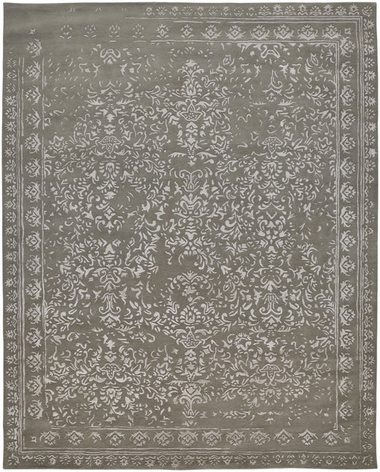 9 x 12 Gray Taupe & Silver Wool Floral Tufted Handmade Distressed Rug