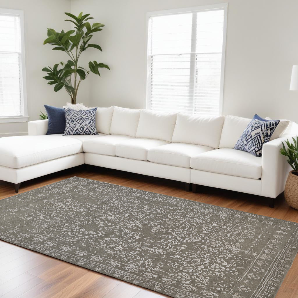 9 x 12 Gray Taupe & Silver Wool Floral Tufted Handmade Distressed Rug