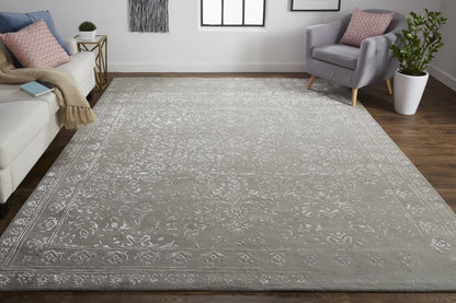 9 x 12 Gray Taupe & Silver Wool Floral Tufted Handmade Distressed Rug