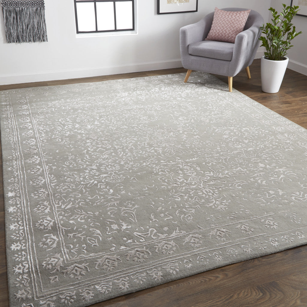 9 x 12 Gray Taupe & Silver Wool Floral Tufted Handmade Distressed Rug