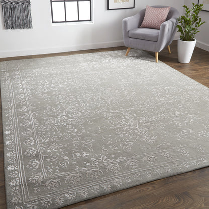 9 x 12 Gray Taupe & Silver Wool Floral Tufted Handmade Distressed Rug