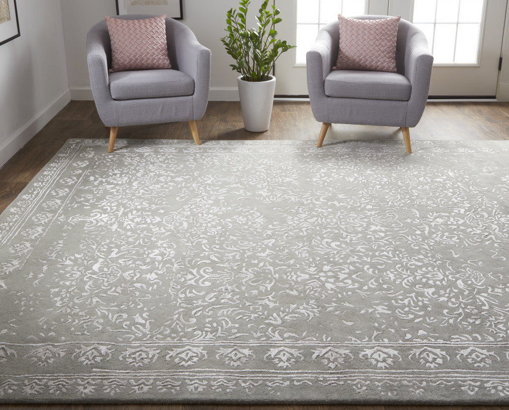9 x 12 Gray Taupe & Silver Wool Floral Tufted Handmade Distressed Rug
