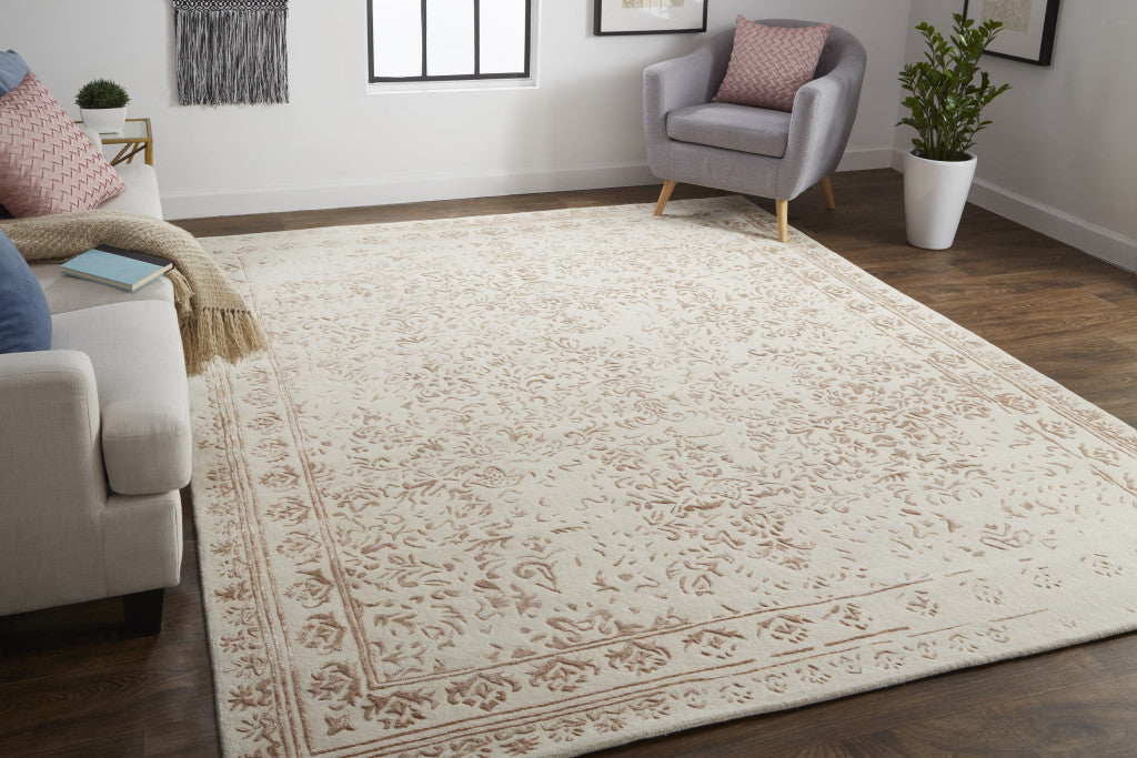 8 x 10 Ivory Tan & Pink Wool Floral Tufted Handmade Distressed Rug