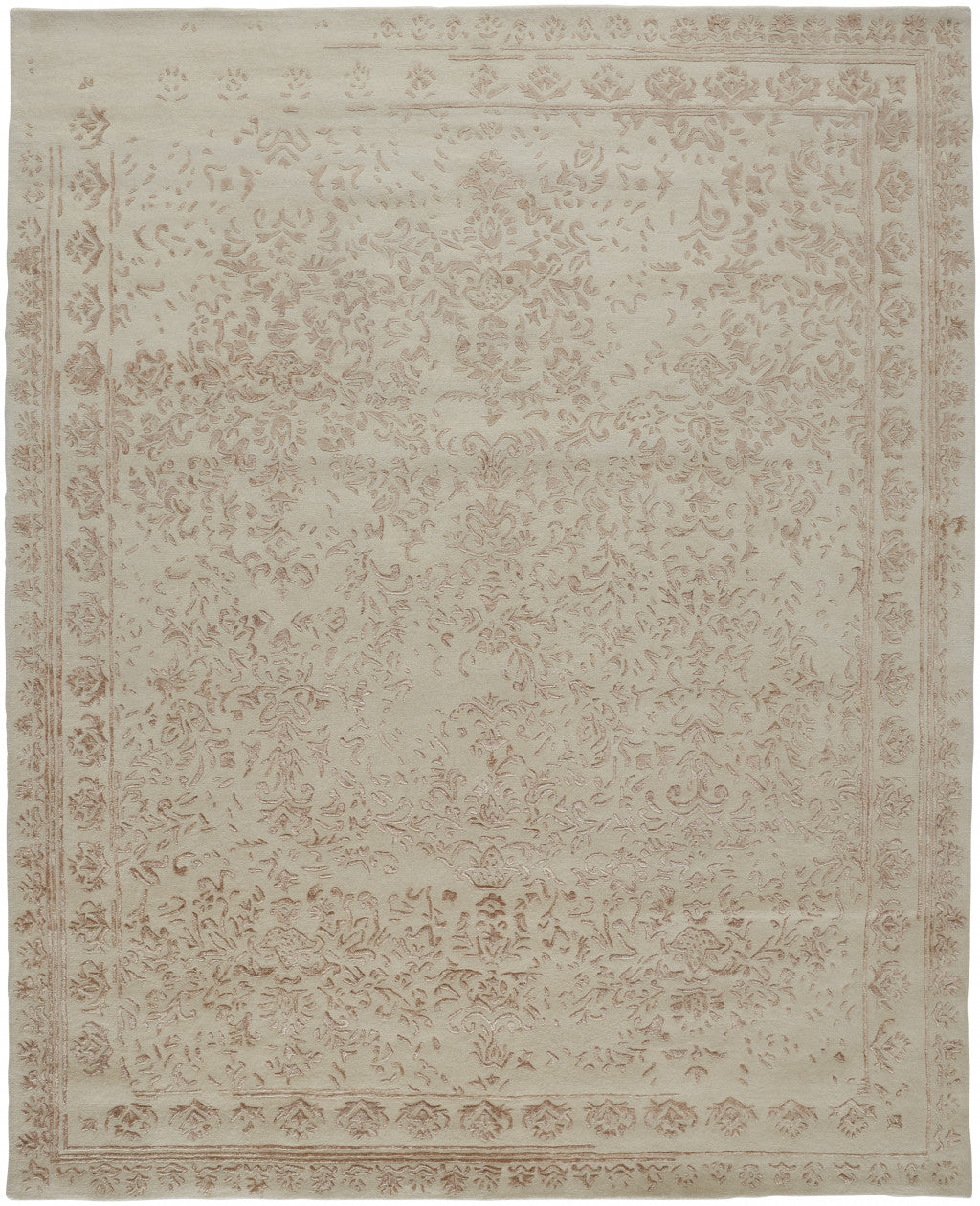 9 x 12 Ivory Tan & Pink Wool Floral Tufted Handmade Distressed Rug
