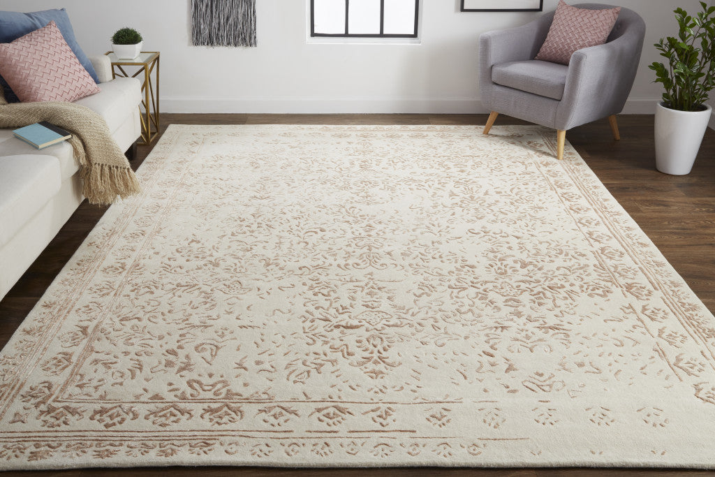 9 x 12 Ivory Tan & Pink Wool Floral Tufted Handmade Distressed Rug