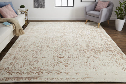 9 x 12 Ivory Tan & Pink Wool Floral Tufted Handmade Distressed Rug