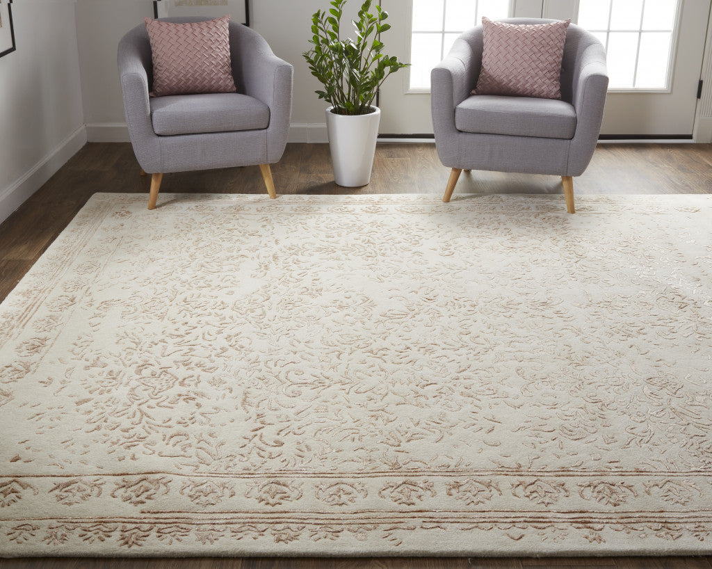 9 x 12 Ivory Tan & Pink Wool Floral Tufted Handmade Distressed Rug