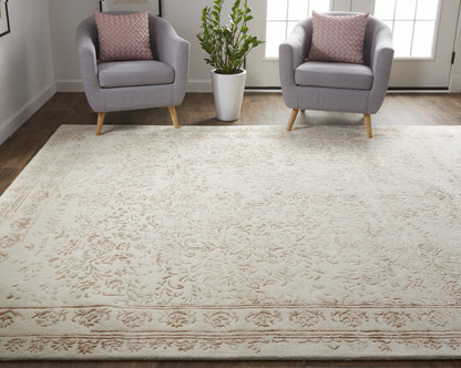 9 x 12 Ivory Tan & Pink Wool Floral Tufted Handmade Distressed Rug