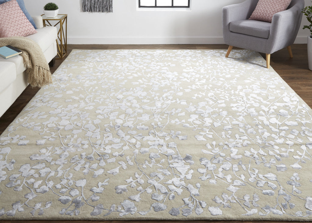 9 x 12 Tan Silver & Gray Wool Floral Tufted Handmade Rug