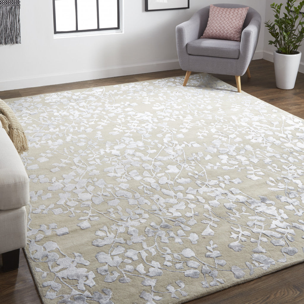 9 x 12 Tan Silver & Gray Wool Floral Tufted Handmade Rug