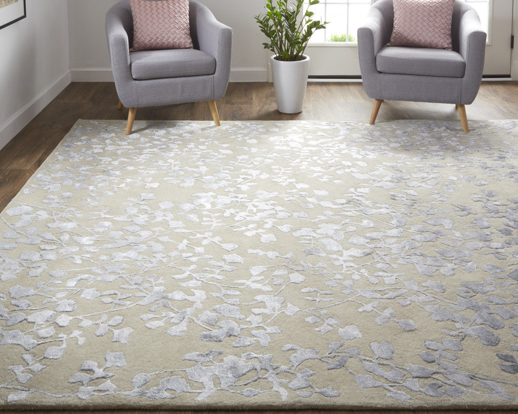 9 x 12 Tan Silver & Gray Wool Floral Tufted Handmade Rug