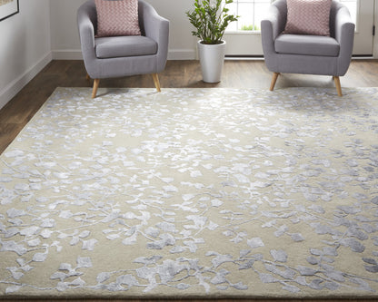 9 x 12 Tan Silver & Gray Wool Floral Tufted Handmade Rug