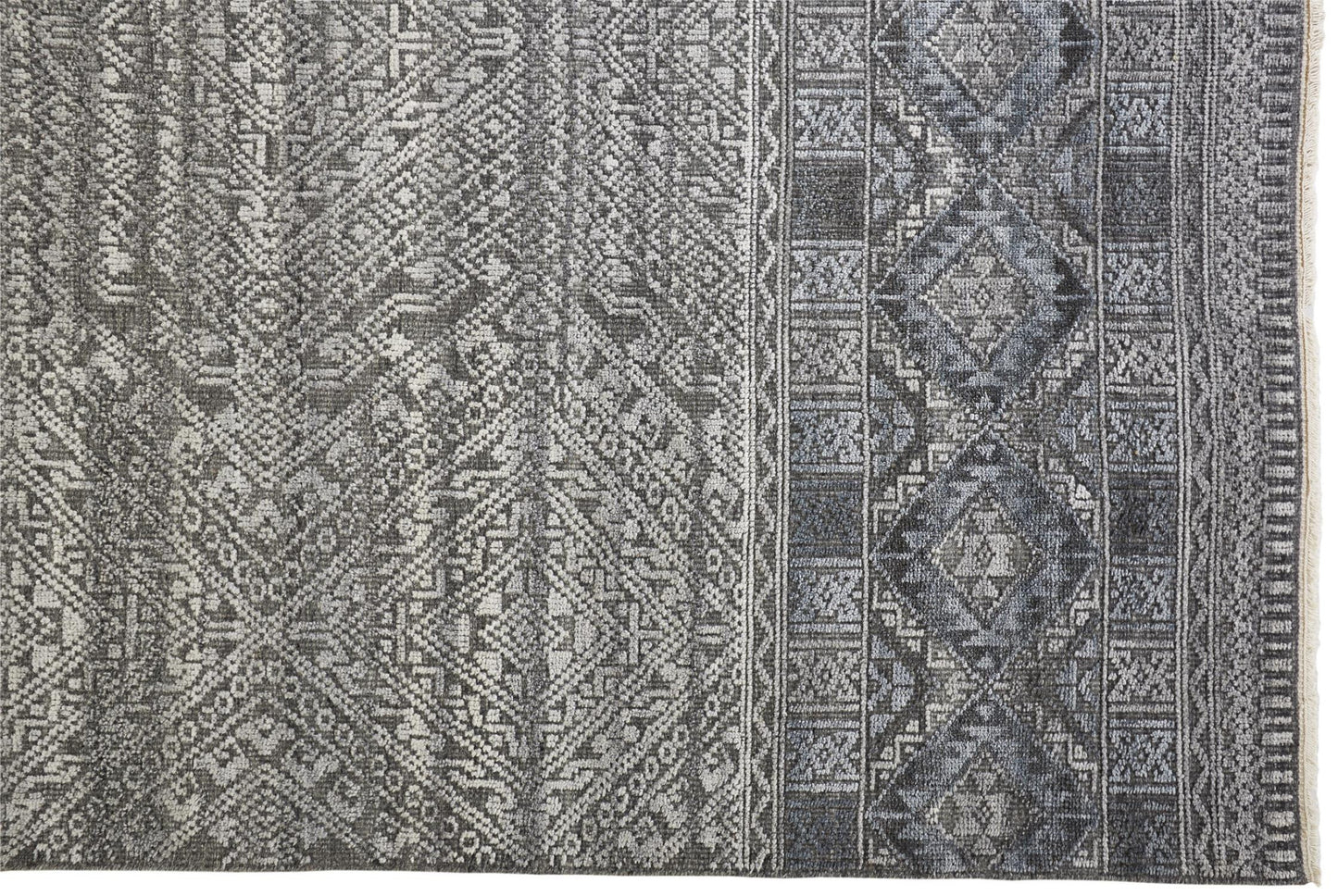 8 x 10 Gray Ivory & Blue Geometric Hand Knotted Rug