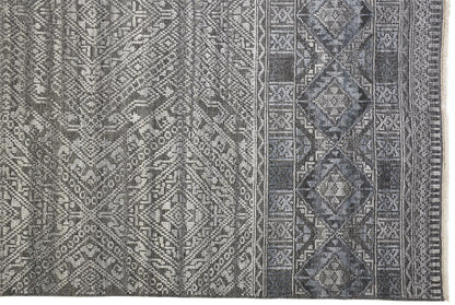 8 x 10 Gray Ivory & Blue Geometric Hand Knotted Rug