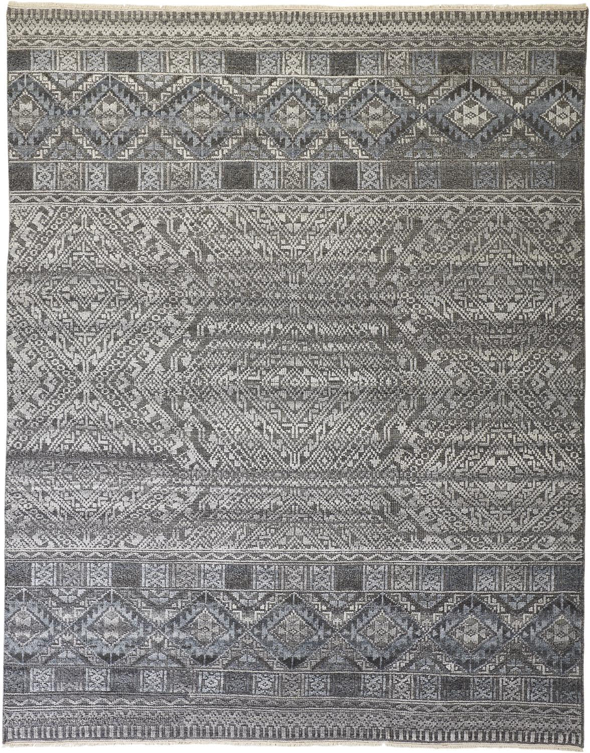 12 x 15 Gray Ivory & Blue Geometric Hand Knotted Rug