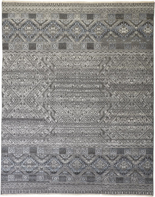 12 x 15 Gray Ivory & Blue Geometric Hand Knotted Rug