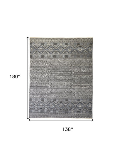 12 x 15 Gray Ivory & Blue Geometric Hand Knotted Rug